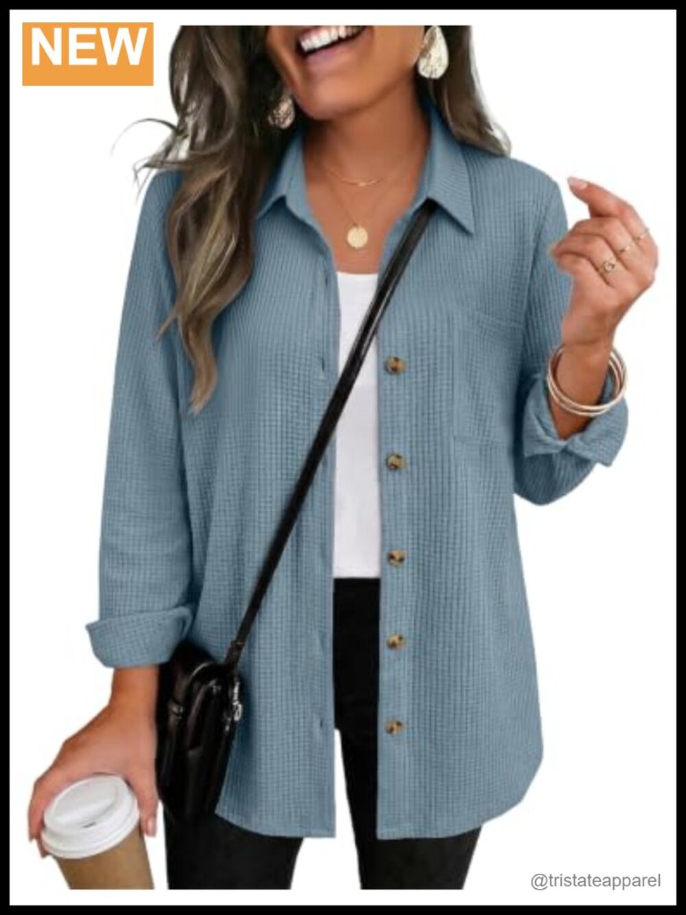 Waffle Knit Shacket Long Sleeve Button Down Top with Pocket